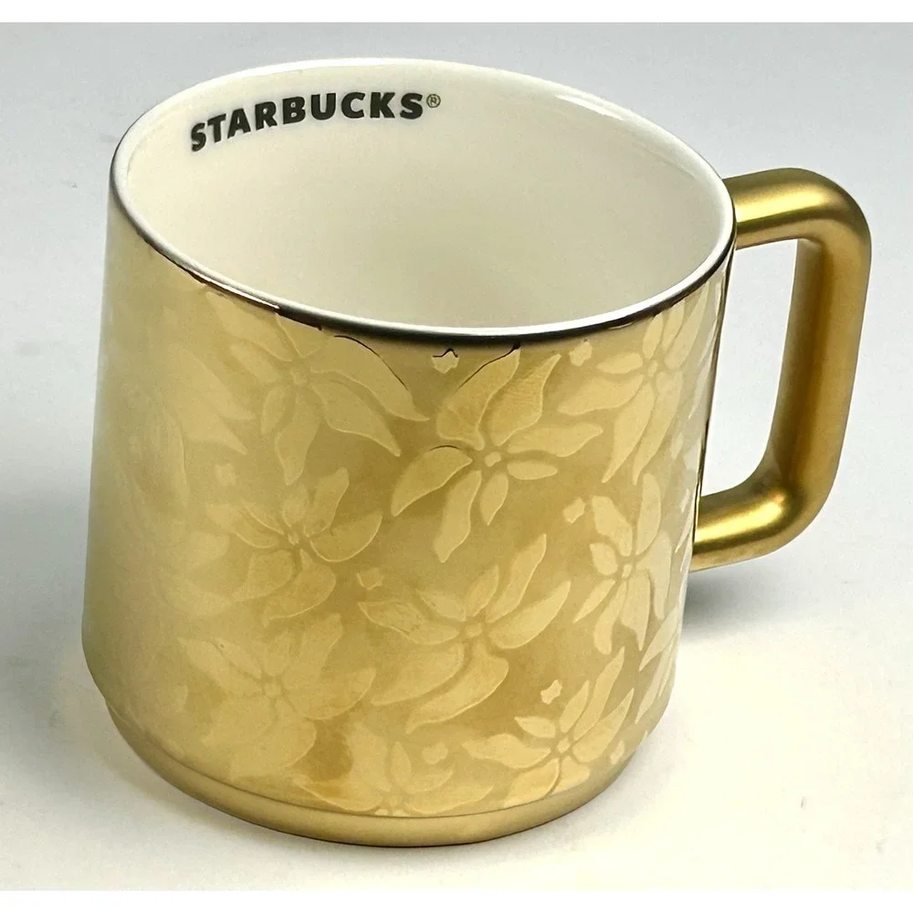 Starbucks Poinsettia Gold Ceramic Mug 14 oz Red Holiday Gift Box NIB 2025